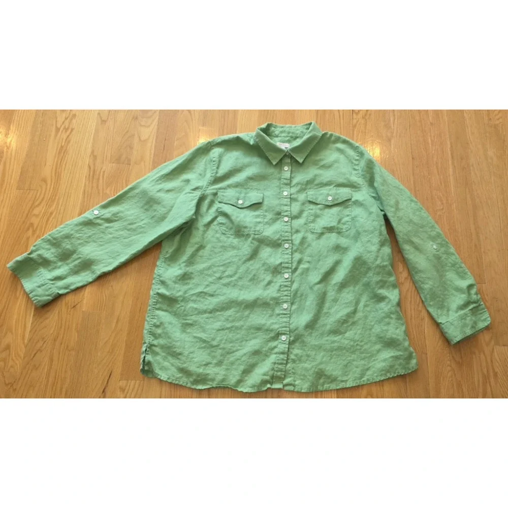 Talbots Linen Button Up Shirt Green Roll Tab Long Sleeve Womens Plus 2X - Picture 7 of 10